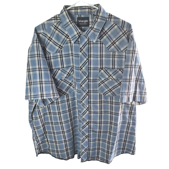 Wrangler Men's XXL Blue/ White Plaid Western Cowboy Pearl Snap Front Shirt - Picture 2 of 7